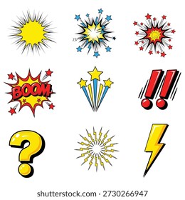 Collection of comic book style explosions, punctuation, and symbols