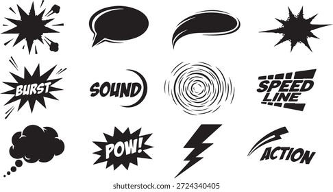 A collection of comic book style graphics and words for sound effects and action sequences.