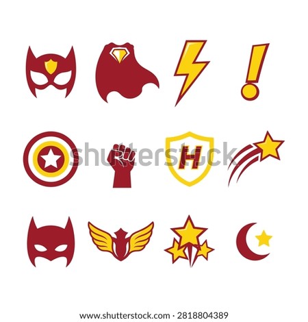 Collection of comic book style icons including superhero mask, flying cape, shield, lightning bolt, fist and stars on white background
