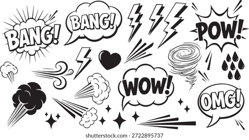 Una colección de efectos de sonido estilo cómic y Elementos visuales que incluyen burbujas de discurso, relámpagos, viento y explosiones.