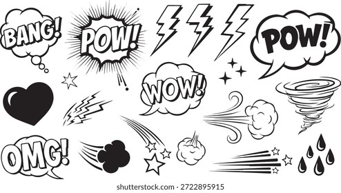 Uma coleção de efeitos sonoros em estilo de quadrinhos como Bang Pow Wow e OMG, juntamente com raios, um coração, um tornado e linhas de velocidade.