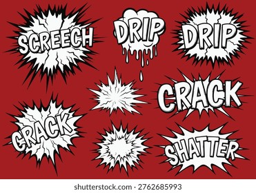A collection of comic book style sound effects including screech, drip, crack, and shatter, presented in white text with dynamic burst shapes on a red background.