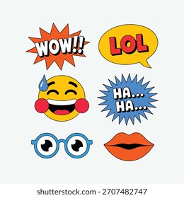 Colección de burbujas de discurso estilo cómic gafas de emoji y labios en un Vector de fondo azul claro