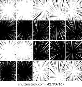 Collection of Comic book superhero explosion pop art style black and white radial lines background. Manga or anime speed frame.