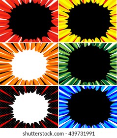 Collection of comic book superhero pop art style black and white radial lines background. Manga or anime speed frame.