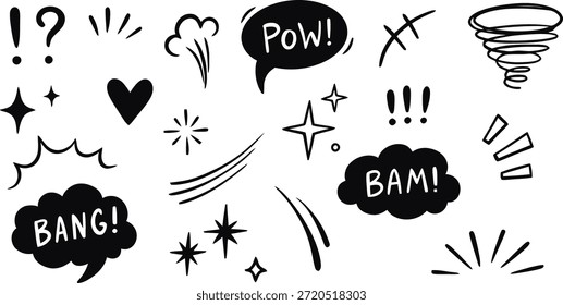 Una colección de efectos de sonido e ilustraciones visuales al estilo de los cómics, incluyendo gráficos de explosión e impacto
