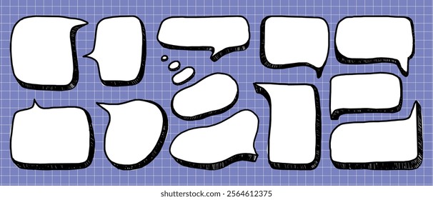 A collection of comic book-style speech bubbles on blue grid background. Doodle design elements of various shapes.