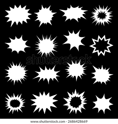 Collection of comic explosion starburst shapes, vector pop art elements for retro design, dynamic expression, and sale banners.
