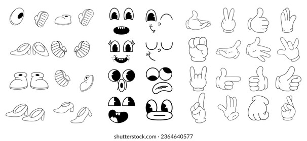 Collection of comic faces, feet and hands in trendy retro 70s cartoon style. Groovy mascot foot, arm, emotions. Isolated illustration