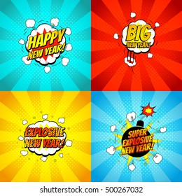 Colección de carteles cómicos felices del año nuevo. Decorativo conjunto de antecedentes para feliz año nuevo con explosivo bomba al estilo de arte pop. Ilustración vectorial.