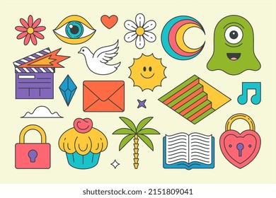 Collection comic pop art stickers contoured groovy style t shirt print decorative design vector cartoon illustration. Set summer hipster flower, heart, bird, cupcake, palm tree, movie clapperboard