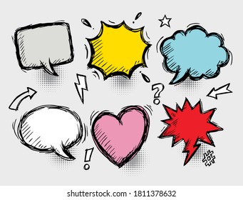 A collection of comic  speech bubbles with doodle style