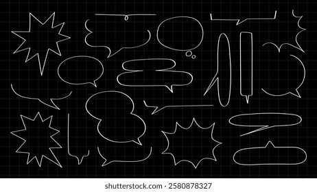 Collection of comic speech bubbles on a grid background. Various speech bubbles in different shapes. Speech bubbles for comics and graphic design. Message illustration vector.