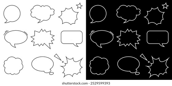 Collection of Comic speech bubbles. Retro empty speech bubbles and frames. Vector illustration isolated on black and white background.