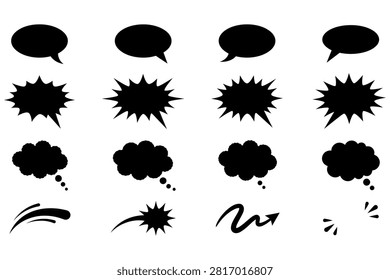 Collection of comic speech bubbles thought clouds and sound effect symbols on transparent background