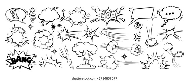 Colección de humo de dibujos animados de estilo cómico, explosión y efectos de impacto sobre un fondo blanco. Concepto de acción, emoción y movimiento. Ilustración vectorial