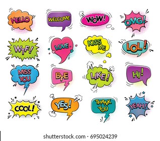 A collection of comic style colored speech bubbles with shadow and text on white background. Vector illustration. Hand-draw, funny design.