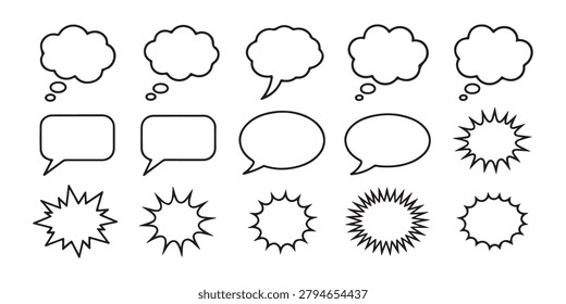 Collection of comic style dialogue shapes outline balloons and explosive burst elements for messaging.