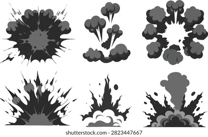 Collection of comic style explosion and puff of smoke vector graphics with explosion illustration silhouette abstract