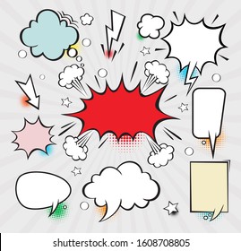 A collection of comic style speech bubbles on halftone background. Vector illustration