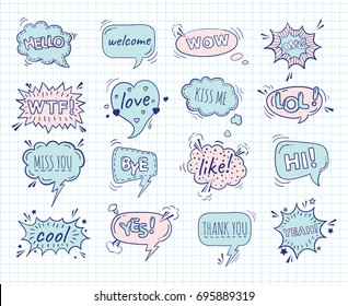 A collection of comic style speech bubbles on a sheet of exercise book. Vector illustration. Hand-draw doodle funny design.