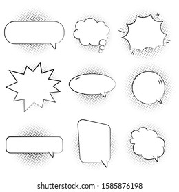 A collection of comic style speech and thought bubbles. Pop art style bubble illustration.