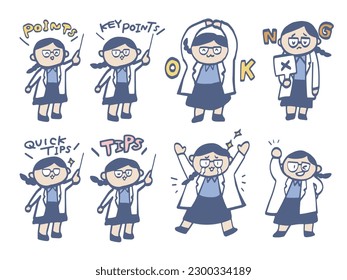 A collection of comical and cute full-body illustrations of women in white coats. Color images
