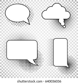 Collection comics speech balloons icons collection on checkered background. Set picture blank template comic text speech chat bubble halftone dot background style pop art. Vector illustration. Eps 10