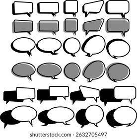 Uma coleção de ícones de balão de fala estilo cômico em várias formas, incluindo desenhos de bate-papo retangulares, redondos e dinâmicos. Ideal para revistas em quadrinhos, recursos de bate-papo de interface do usuário, caixa de diálogo e adesivo.

