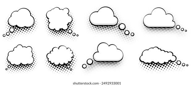 A collection of comic-style thought bubbles, each featuring a unique shape and halftone dots for a retro effect. Perfect for adding a vintage touch to comics, illustrations, and graphic design project