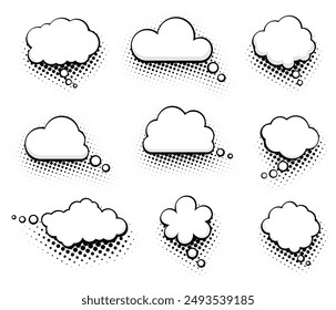 A collection of comic-style thought bubbles, each featuring a unique shape and halftone dots for a retro effect. Perfect for adding a vintage touch to comics, illustrations