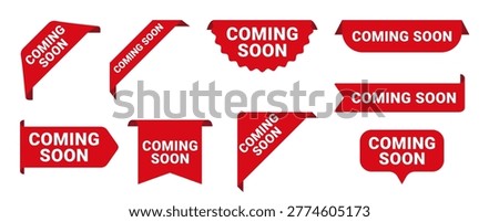 Collection of coming soon labels in red styles. Ideal for product launches, promotions, and marketing announcements.