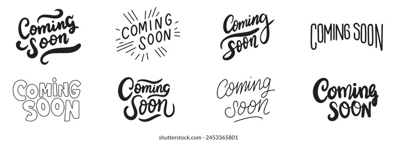 Collection of Coming Soon text. Hand drawn vector art.