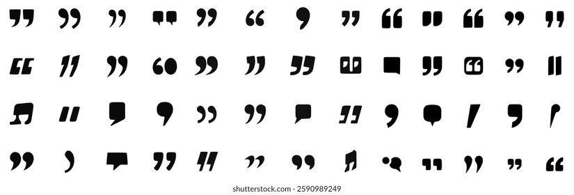 collection of comma and quotation mark symbols in a modern vector style on a white background. Perfect for communication, text formatting, dialogue, discussion, and reference punctuation design elemen