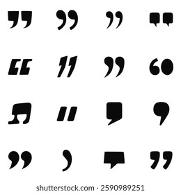 collection of comma and quotation mark symbols in a modern vector style on a white background. Perfect for communication, text formatting, dialogue, discussion, and reference punctuation design elemen