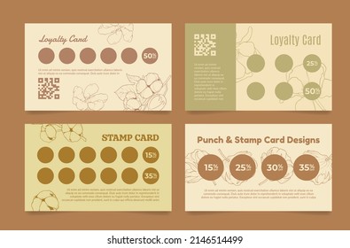 Collection commercial business loyalty stamp card cotton flower engraved vector illustration. Set bonus blank privilege membership discount coupon spring nature plant decorative design place for text