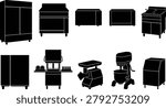 Collection of commercial kitchen silhouettes featuring ovens, mixers, refrigerators, prep tables, and cooking equipment