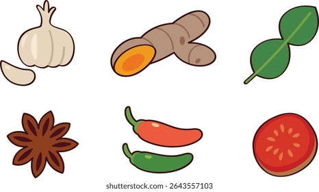 a collection of common Asian cooking ingredients, including garlic, galangal or ginger, kaffir lime leaves, star anise, chili peppers, and a sliced tomato.