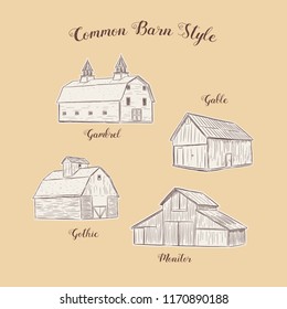 Collection of common barn style, hand draw sketch vector.