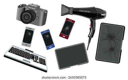 Uma coleção de dispositivos eletrônicos quebrados comuns, como smartphones, uma câmera, teclado e secador de cabelo, em um estilo de vetor plano
