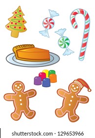 A collection of common fun delicious holiday sweets and baked goods.