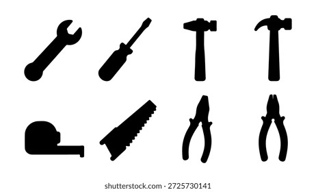 Collection of common hand tools in silhouette isolated on white background, Vector, illustration