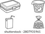A collection of common packed lunch items including a lunchbox fruit cup juice box and bag of nuts