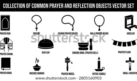 Collection of common prayer and reflection objects vector set including rosary tasbih mala beads and various religious symbols on white background