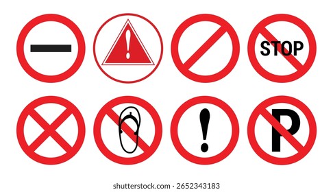 A collection of common prohibition and warning signs featuring symbols indicating restrictions, dangers, and things that are forbidden. Includes stop, warning, and other restriction symbols.