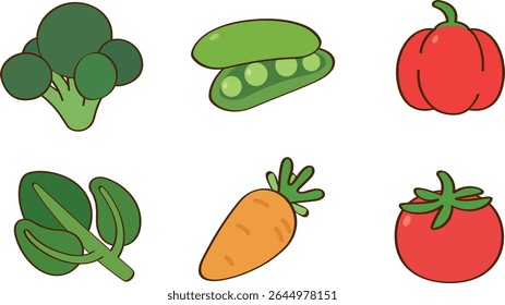 A collection of common vegetables includes broccoli, peas in a pod, a red bell pepper, kale, a carrot, and a tomato.