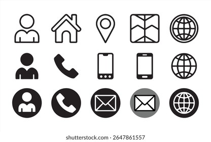 A collection of communication and contact icons, including people, phone, mail, map, and globe symbols, presented in various styles isolated on a white background.