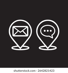 A collection of communication icons, including speech bubbles and location markers, are displayed against a stark black backdrop. 