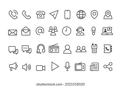 Collection of communication icons or communication tools, smartphone, landline telephone, email, newspaper, television, radio etc.