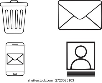 colección de iconos de línea de comunicación e interfaz con símbolos de avatar de perfil de usuario y teléfono inteligente de correo de sobres de papelera